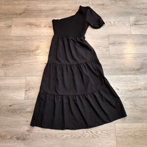 Black One‎ Shoulder Smocked Tiered Maxi Dress Womens Size Small S